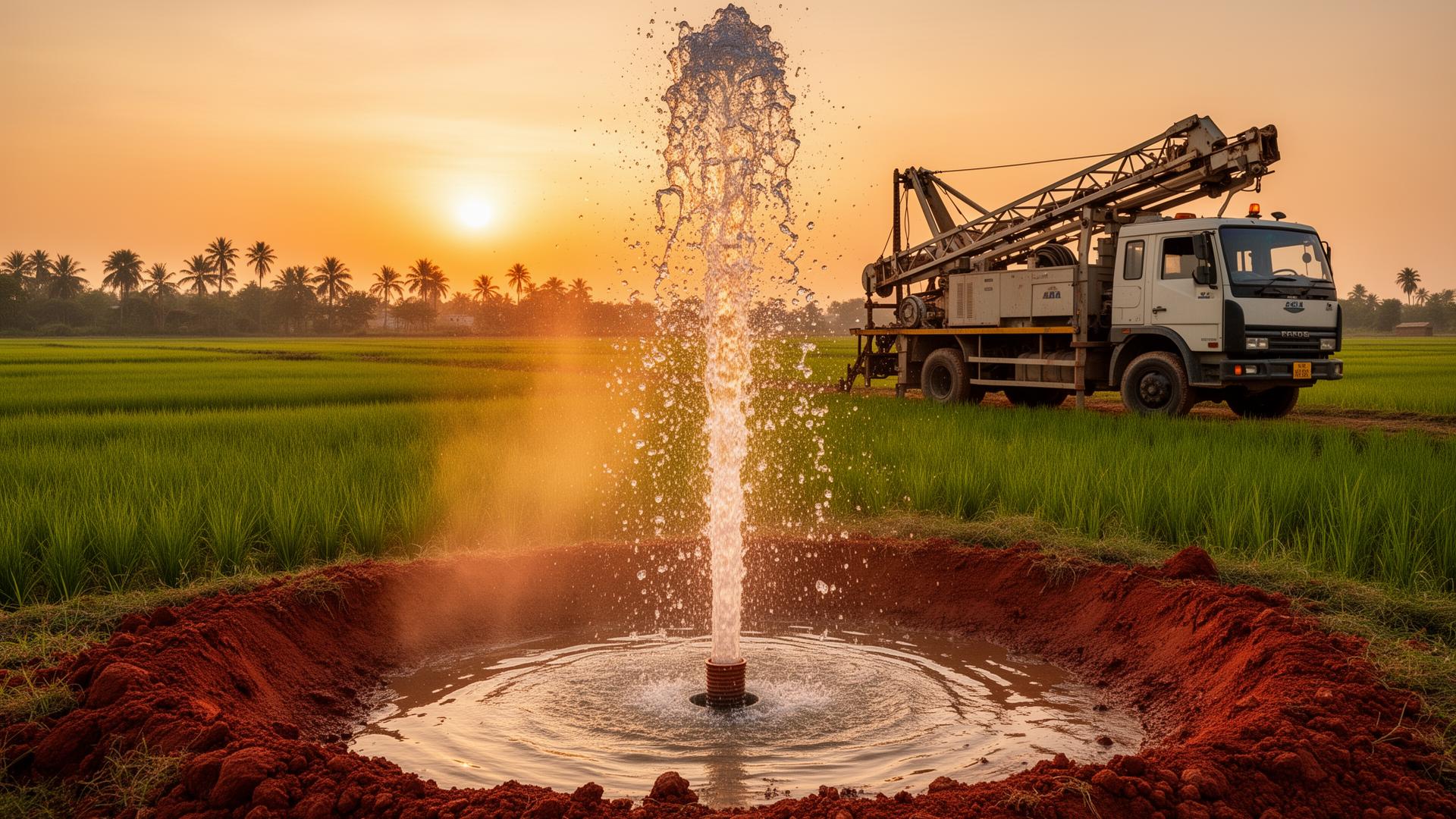 Borewell drilling rig at sunset in an Andhra Pradesh field with water gushing out
